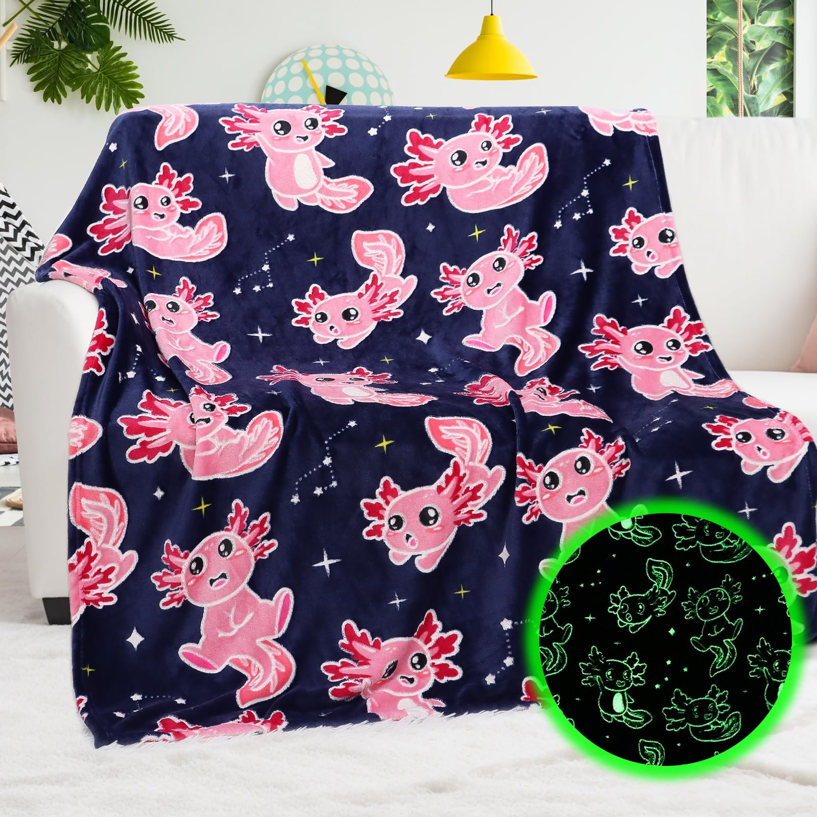 Bororo Axolotl Blanket Pink Glow In The Dark Blanket Axolotl Gifts Soft Cozy Cute Salamander Blanket Axolotls Toys Birthday Gift